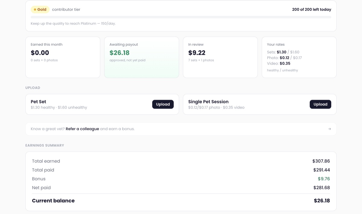 A contributor's earnings and per-submission rates inside the RUVV Labs app