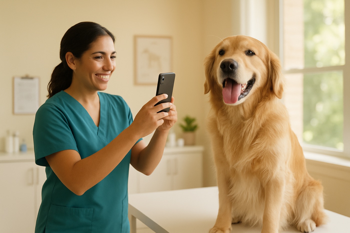 A veterinarian photographing a dog during an exam